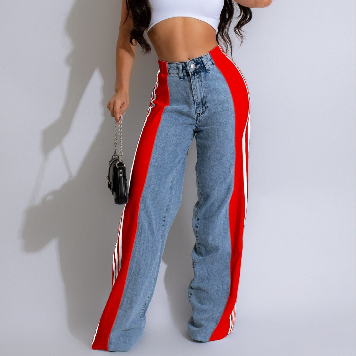 2024 Fashion Casual High Waist Elastic Straight Leg Trousers Three Stripe Patchwork Denim Wide Leg Pants Streetwear