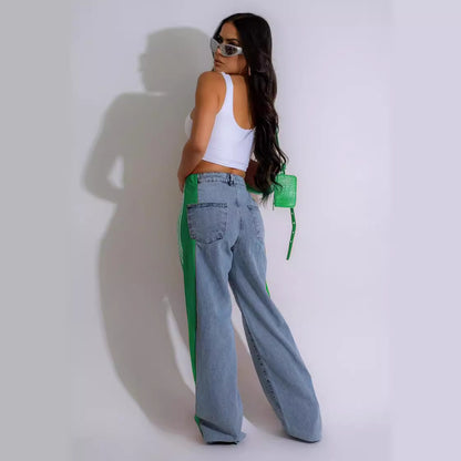 2024 Fashion Casual High Waist Elastic Straight Leg Trousers Three Stripe Patchwork Denim Wide Leg Pants Streetwear